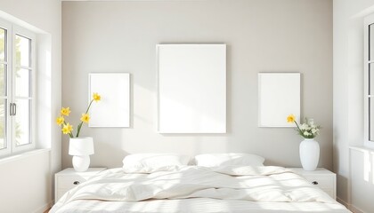 Bright master bedroom with daffodil prints and a blank white a4 frames mockup hanging on the wall.