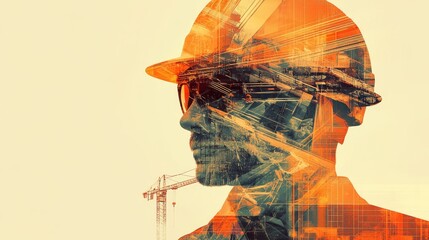Obraz premium Building construction engineer illustration with double exposure graphic design and Building engineers, architect people or construction workers working