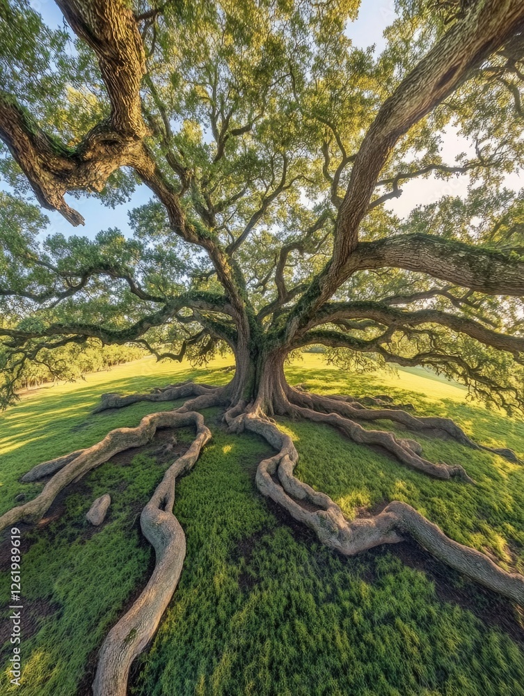 Poster a massive tree with multiple trunks and complex roots, set against a serene sky. this image captures
