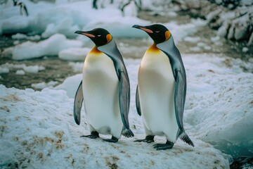 Fototapeta premium Two penguins standing on ice in front of an iceberg. Antarctica wilderness and conservation environment.