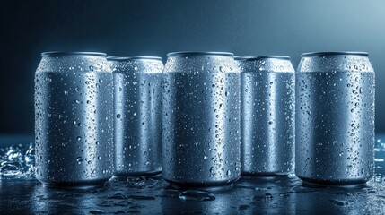 Cold aluminum cans on ice, dark background, refreshment concept