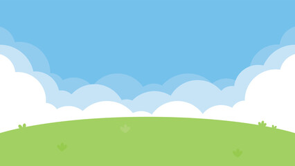 Obraz premium An illustration of a blue sky with white clouds over a lush green garden landscape.