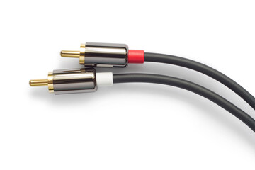 Gold-plated RCA connectors on a white background. A pair of connectors close-up with a shadow.