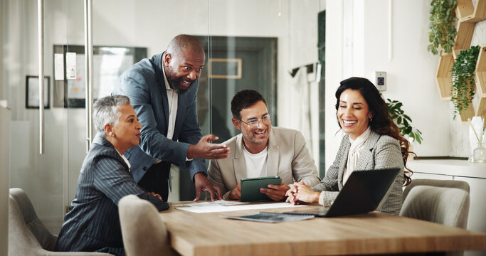 Video call, group and talking with team, boardroom and discussion for expansion of business or corporate. Happy, virtual conference and people with laptop for meeting, smile and account manager