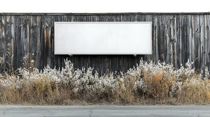 Obraz premium Blank Billboard on Rustic Wooden Fence with Overgrown Plants, Autumn Scene