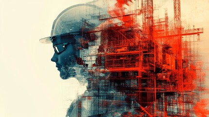 Building construction engineer illustration with double exposure graphic design and Building engineers, architect people or construction workers working