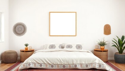Bohemian master bedroom with mandala designs and a blank white a4 frames mockup hanging on the wall.