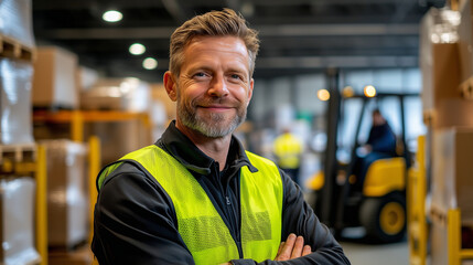  A cheerful and handsome warehouse manager stands confidently in the center of the frame, smiling warmly and posing for the camera. He is dressed in a professional yet approacha