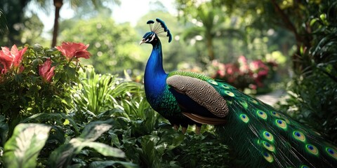 A peacock standing amidst vibrant flowers and greenery.
