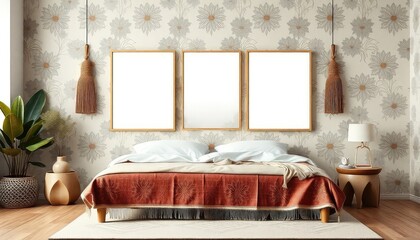 Bohemian master bedroom with lotus motifs and a blank white a4 frames mockup hanging on the wall.