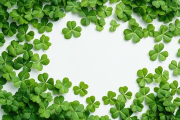 Fototapeta premium Irish clovers on white background, green plants, St. Patrick's Day theme decoration