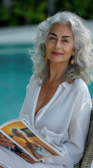 Photorealistic, Close-up of a senior Middle Eastern woman with gray hair holding a magazine.