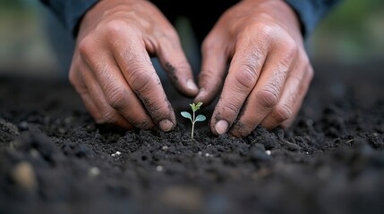 Hands planting a seedling in rich soil; environmental conservation