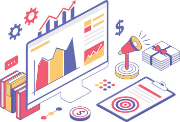 Business and marketing concept illustration. 3d vector set of Market research and statistics, data analytics, customer attraction, promotion and advertising.