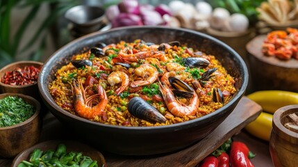 Fototapeta premium Seafood paella in a large bowl, surrounded by ingredients. Possible stock photo use