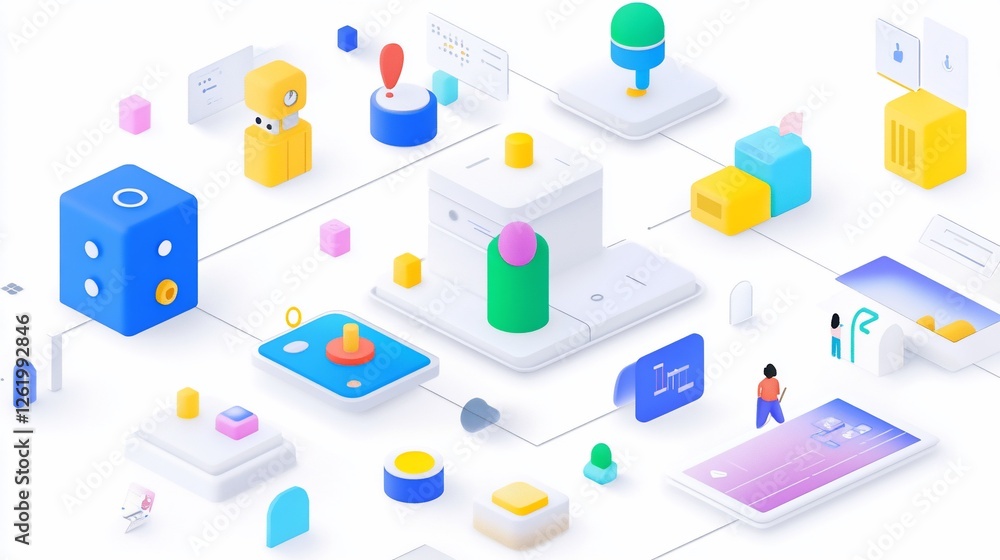 Poster isometric illustration of interconnected devices and digital elements, showcasing a complex network 