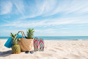 Obraz premium Relaxing Beach Scene with a Summer Picnic Basket, Flip-Flops, and Sunglasses