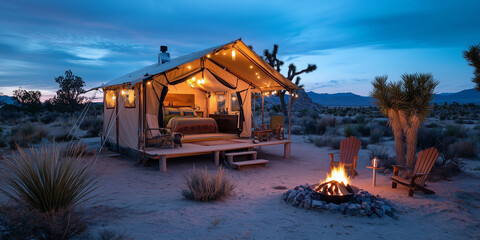 Fototapeta premium a cozy tent in desert and a firepit nighttime colorful lig