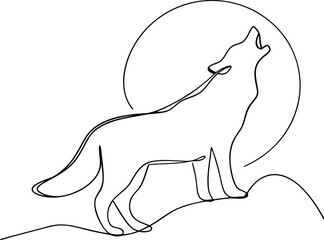 Lone Wolf Howling at Night Minimalist Line Art Drawing