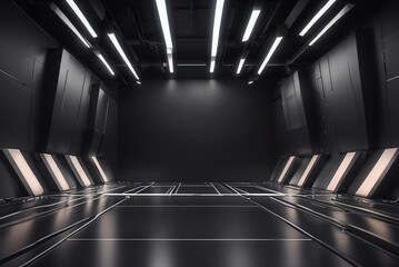 Futuristic Black Corridor:  An ominous,  futuristic corridor, illuminated by a series of sleek, white lights and featuring sharp angles and metallic surfaces.