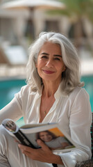 Photorealistic, Close-up of a senior Middle Eastern woman with gray hair holding a magazine.