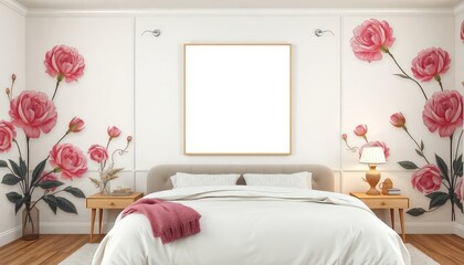 Art nouveau master bedroom with peony designs and a blank white a4 frames mockup hanging on the wall.