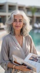 Photorealistic, Close-up of a senior Middle Eastern woman with gray hair holding a magazine.