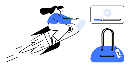 Woman flies on a rocket, blue shopping bag with percentage tag, video player interface. Ideal for e-commerce, online shopping, marketing, digital media, advertising sales promotions. Line metaphor