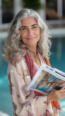 Photorealistic, Close-up of a senior Middle Eastern woman with gray hair holding a magazine.