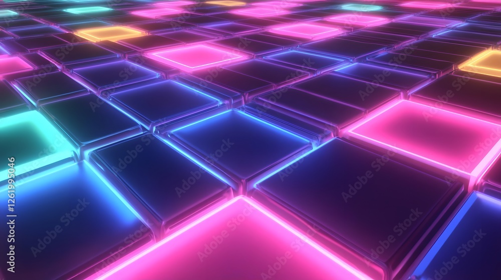 Poster vibrant illuminated tiles arranged in a grid pattern, creating a colorful abstract background scene