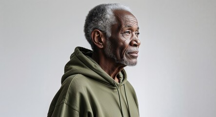 Black African elderly man olive green hoodie side view portrait on plain white background