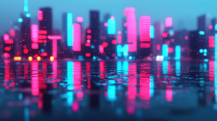 vibrant futuristic city skyline illuminated by neon lights reflects on wet surfaces, creating mesmerizing atmosphere