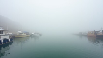 A serene harbor with boats and fog over the water, creating a picturesque and timeless coastal atmosphere.