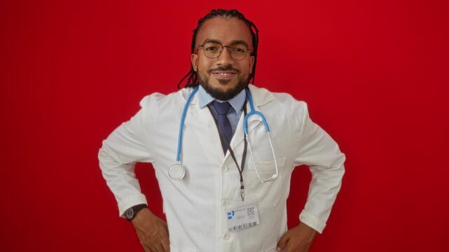 Confident smiling doctor in white coat with stethoscope against bright red background, young black man embodying professionalism and approachability