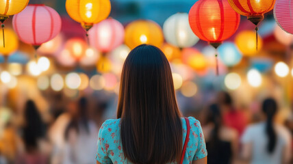 Obraz premium woman stands in vibrant night market, surrounded by colorful lanterns and lively stalls, creating festive atmosphere