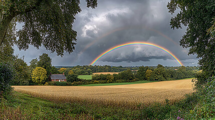 Breathtaking rainbow arching over a tranquil countryside scene, a quaint cottage nestled amongst golden fields and lush greenery under a dramatic sky.