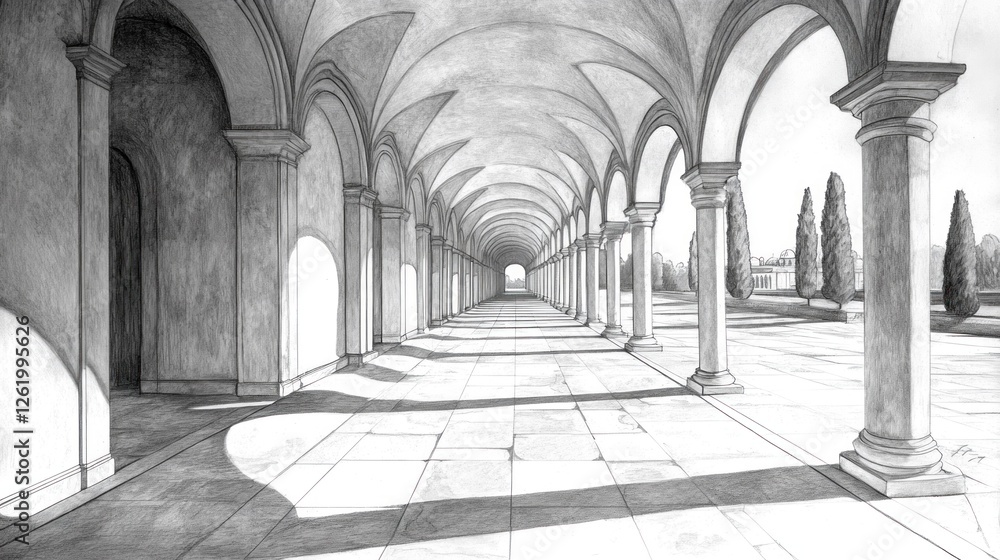 Poster a monochrome architectural perspective featuring arched columns and shadows.