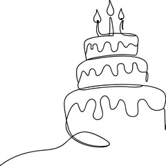 SingleLine Drawing of a ThreeLayered Birthday Cake with Candles