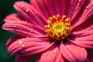 A vibrant pink flower, glistening with morning dew, showcasing intricate details of its petals and the radiant yellow center