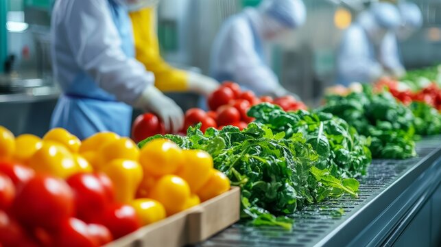 A food processing factory background with workers in hygiene suits handling fresh produce on stainless steel surfaces,