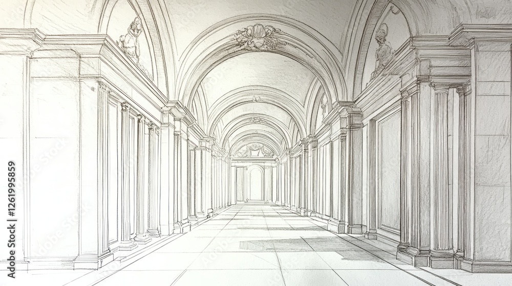 Poster a detailed architectural sketch of a grand corridor with arches and columns.