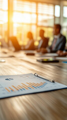 business coach presenting financial growth chart during meeting, with focus on chart and blurred figures in background. warm light creates inspiring atmosphere