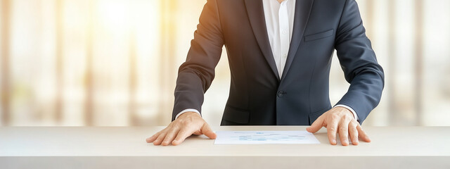 business coach presenting financial growth chart on table, showcasing professionalism and focus in bright office environment