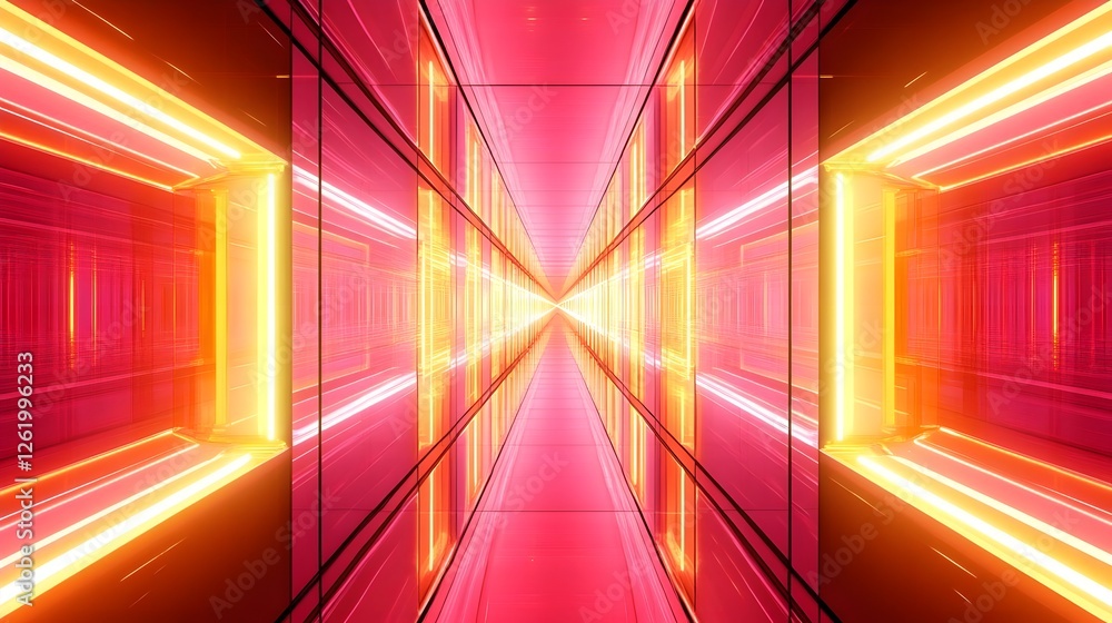 Poster futuristic neon tunnel with glowing lights converging towards a vibrant center, creating depth
