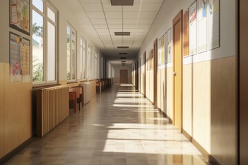 Fototapeta premium A well-lit school hallway with desks and lockers, showcasing a spacious and educational atmosphere.