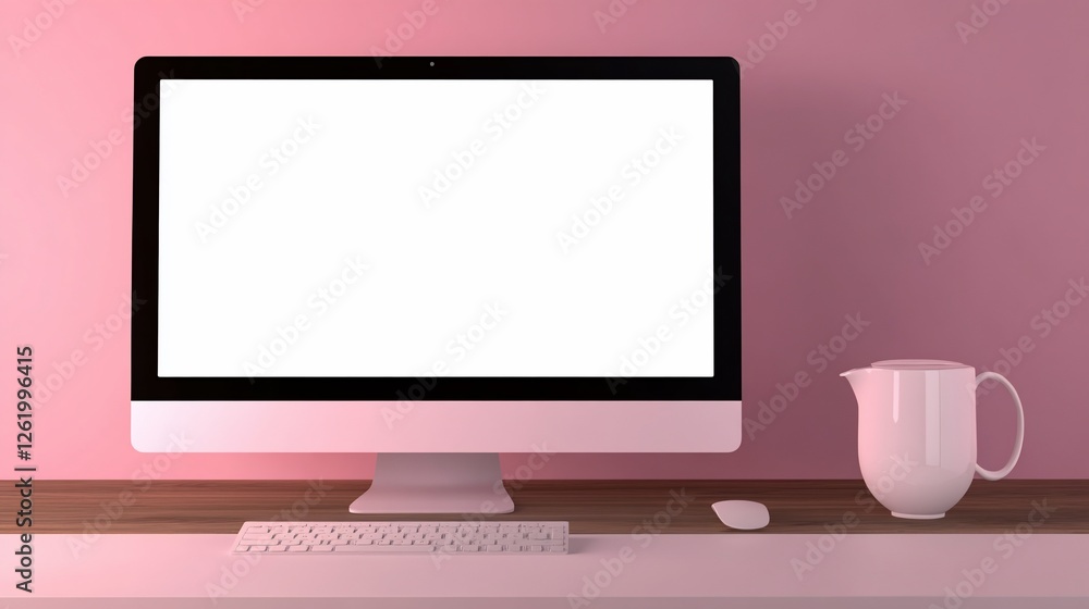 Poster pink aesthetic workspace: modern computer setup with blank screen and cream pitcher