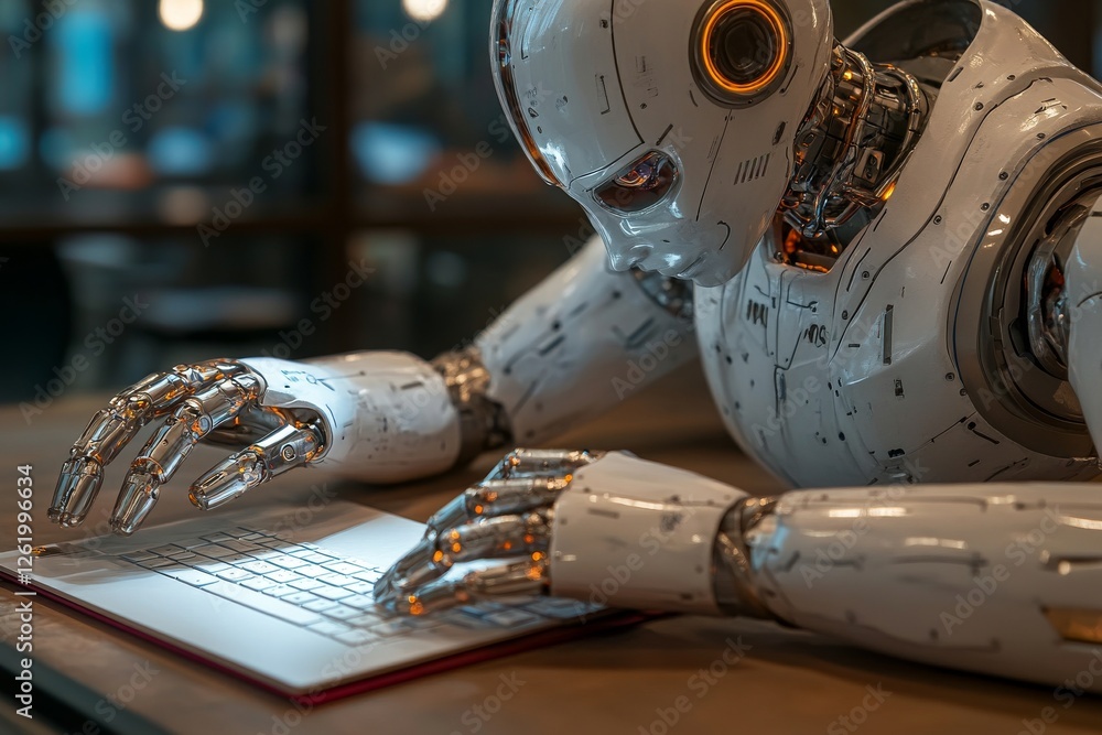 Poster a minimalist desk features a smart robot handling tasks