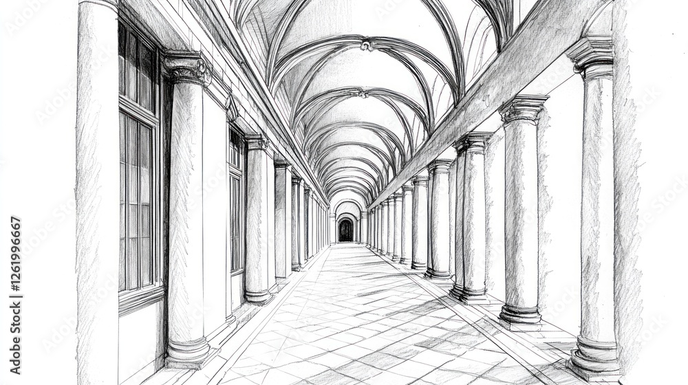 Poster a detailed sketch of a grand corridor with arches and columns, showcasing depth and perspective.