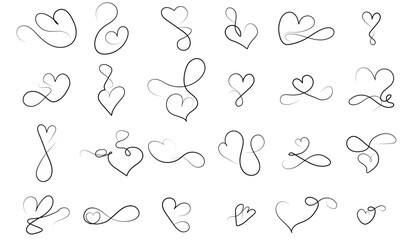 Naklejka premium Love hearts flourish vector icons set, hand drawn line sketch