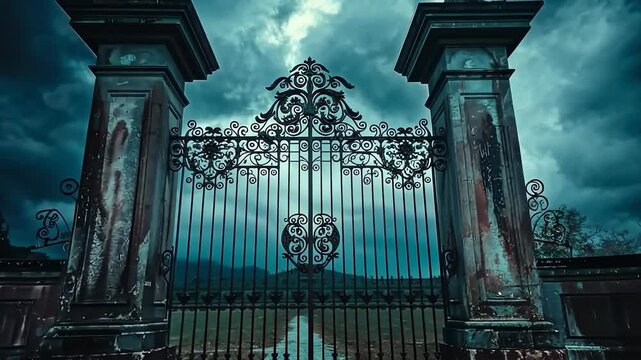 Eerie image of large gates set against a dark, pre-storm sky, evoking a spooky Halloween atmosphere with hints of mystery and a cemetery vibe.